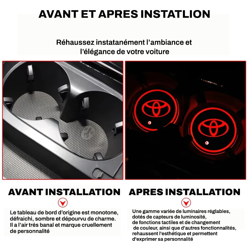 Lumières LED (2 pièces) pour porte-gobelets de voiture 7 couleurs changeantes